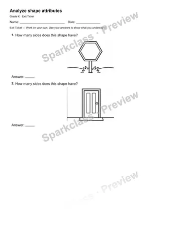 Analyze shape attributes — Exit Ticket — Kindergarten worksheet preview