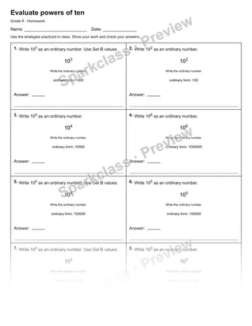 Evaluate powers of ten — Homework — Grade 8 worksheet preview