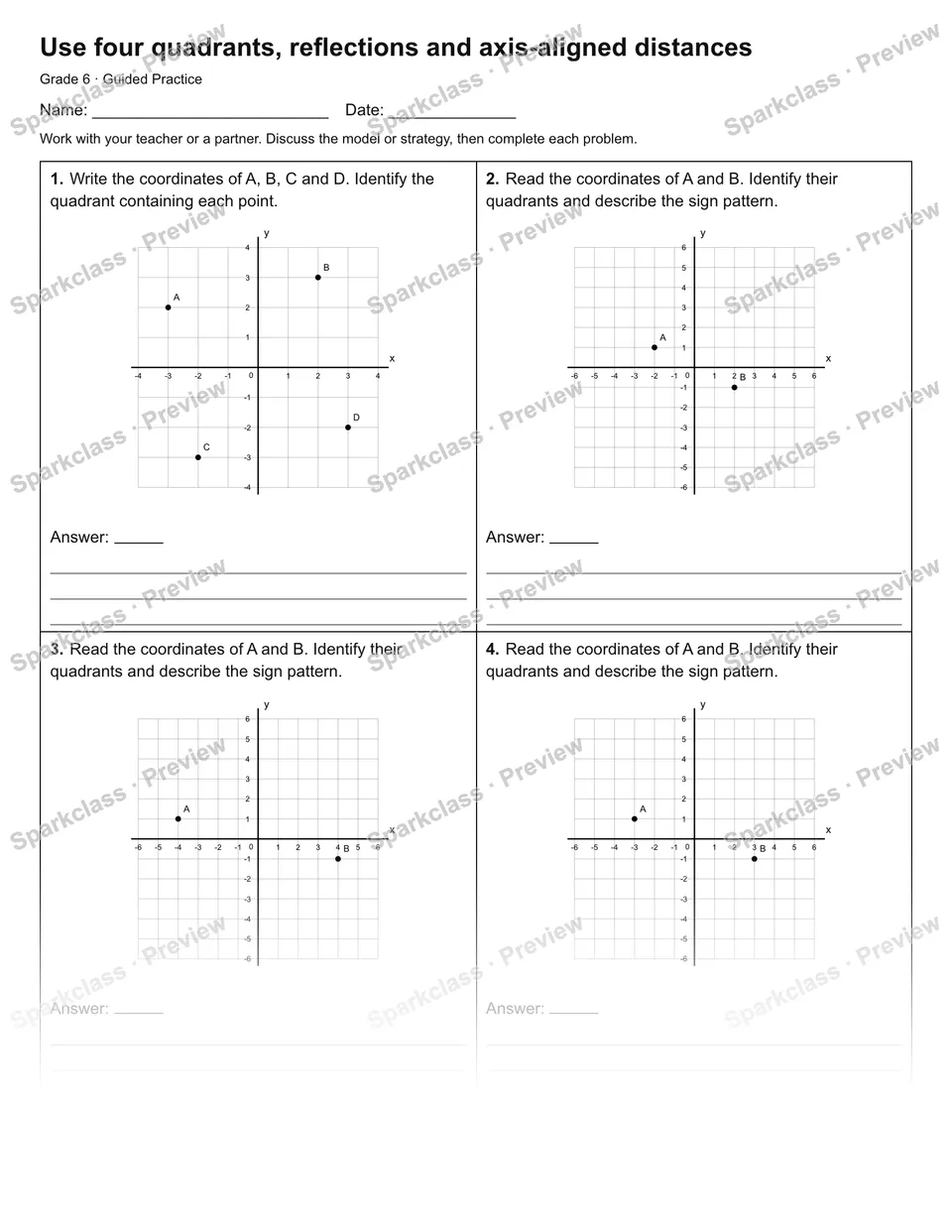 Use four quadrants, reflections and axis-aligned distances — Guided Practice — page 1