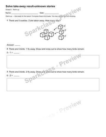 Solve take-away result-unknown stories — Warm-up — Kindergarten worksheet preview