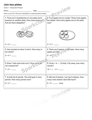 Join two plates — Independent Practice — Grade 1 worksheet preview
