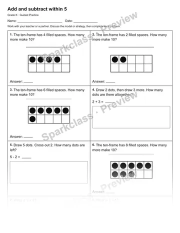 Add and subtract within 5 — Guided Practice — Kindergarten worksheet preview