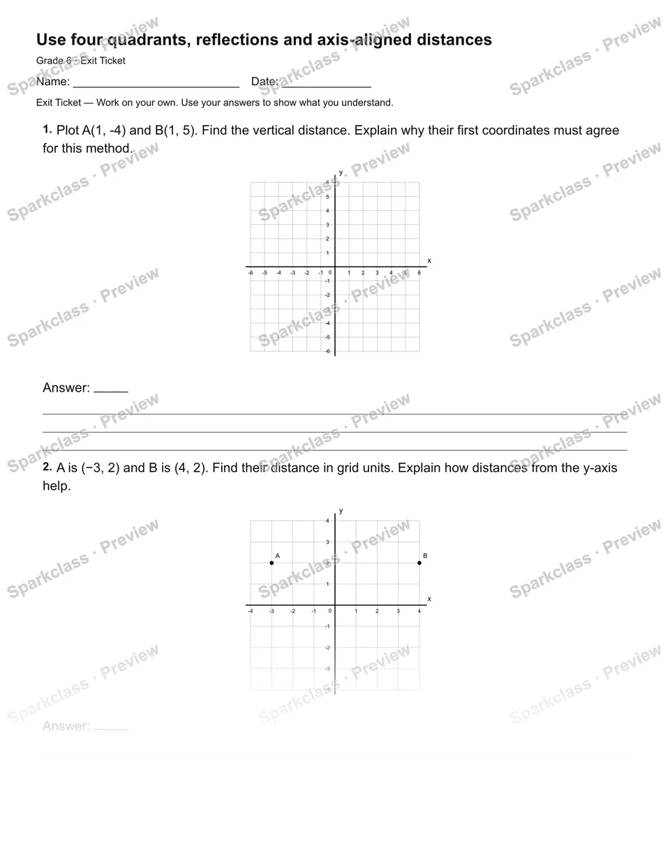 Use four quadrants, reflections and axis-aligned distances — Exit Ticket — page 2