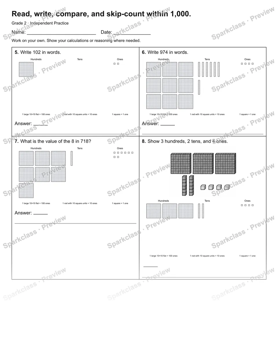 Read, write, compare, and skip-count within 1,000. — Independent Practice — page 2
