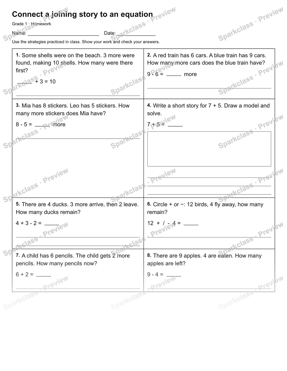 Connect a joining story to an equation — Homework — page 1