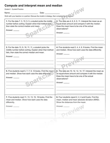 Compute and interpret mean and median — Guided Practice — Grade 6 worksheet preview