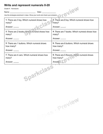 Write and represent numerals 0-20 — Homework — Kindergarten worksheet preview