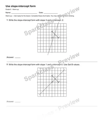 Use slope-intercept form — Warm-up — Grade 8 worksheet preview