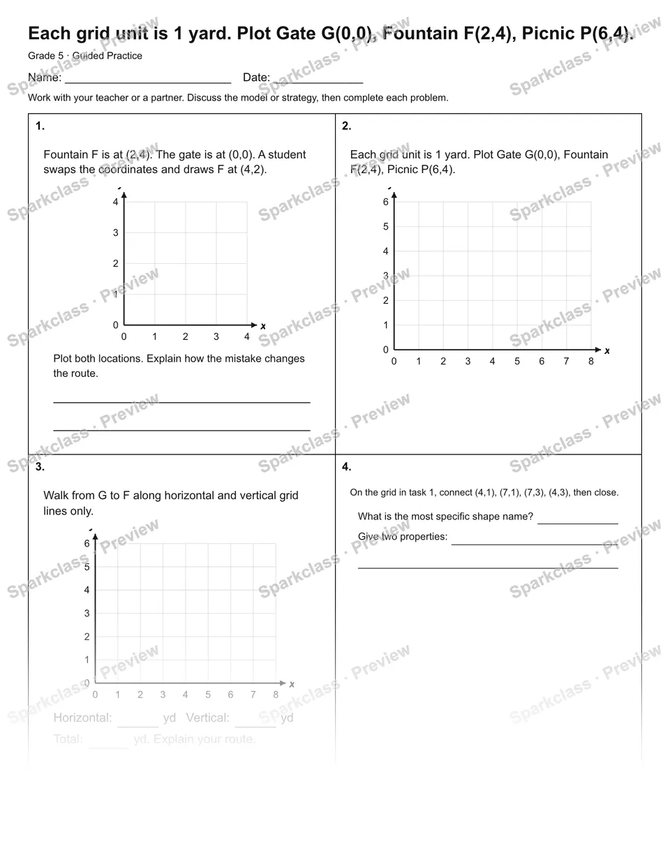 Each grid unit is 1 yard. Plot Gate G(0,0), Fountain F(2,4), Picnic P(6,4). — Guided Practice — page 1