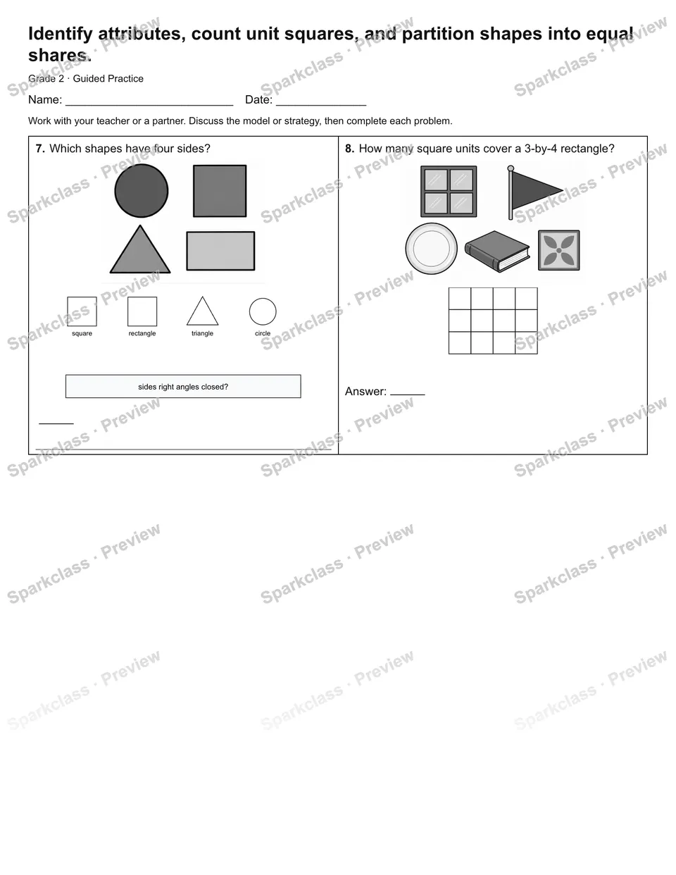 Identify attributes, count unit squares, and partition shapes into equal shares. — Guided Practice — page 3