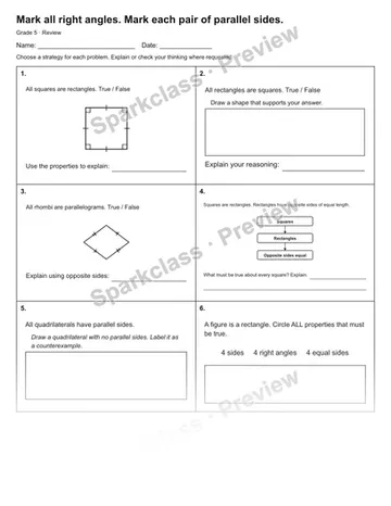 Mark all right angles. Mark each pair of parallel sides. — Review — Grade 5 worksheet preview