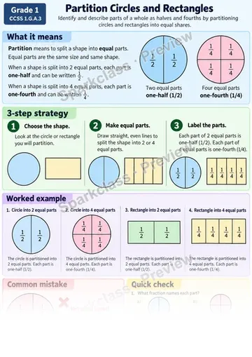 Knowledge Guide · Partition Circles and Rectangles — Grade 1 worksheet preview