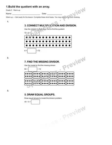 1.Build the quotient with an array. — Warm-up — Grade 5 worksheet preview
