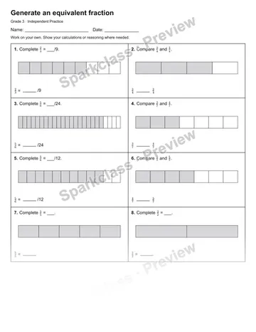 Generate an equivalent fraction — Independent Practice — Grade 3 worksheet preview