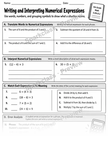 2 Write Interpret Expressions — Grade 5 worksheet preview