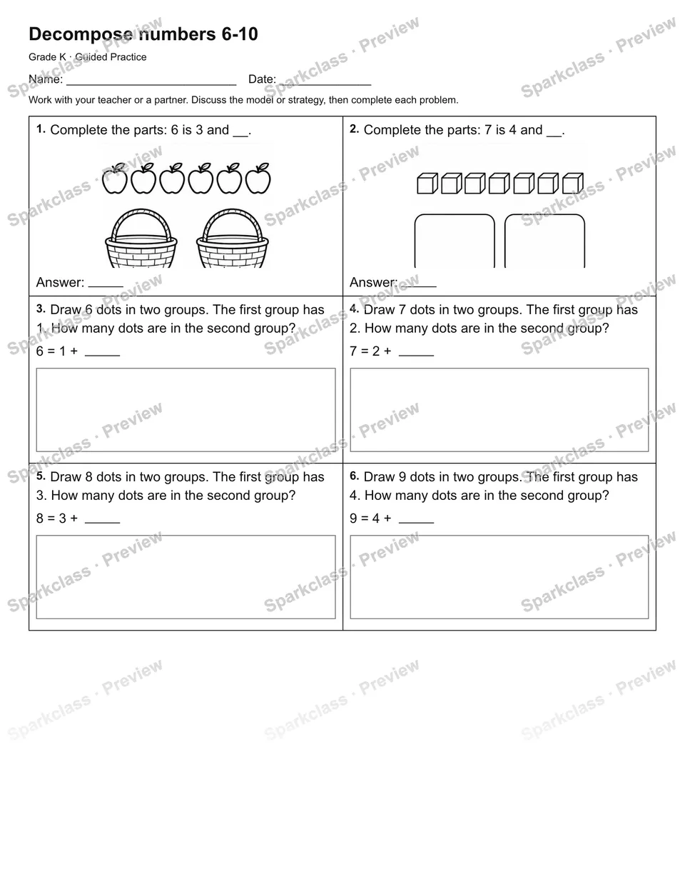 Decompose numbers 6-10 — Guided Practice — page 1