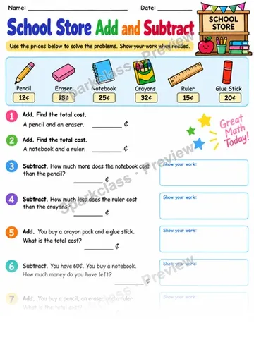 2.NBT.B.5 · School Store Add Subtract — Grade 2 worksheet preview
