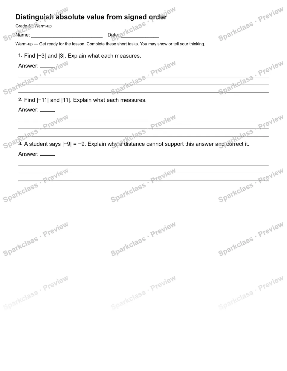 Distinguish absolute value from signed order — Warm-up — page 1