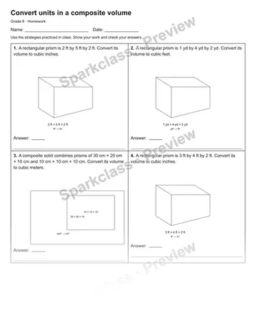 Convert units in a composite volume — Homework — Grade 8 worksheet preview
