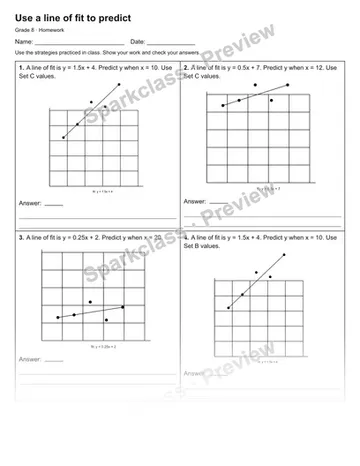 Use a line of fit to predict — Homework — Grade 8 worksheet preview
