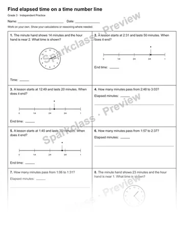 Find elapsed time on a time number line — Independent Practice — Grade 3 worksheet preview