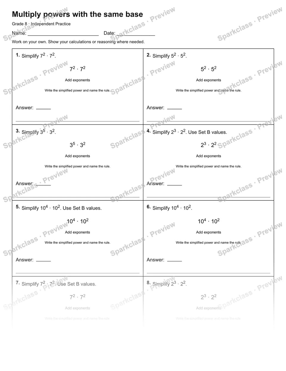 Multiply powers with the same base — Independent Practice — page 1