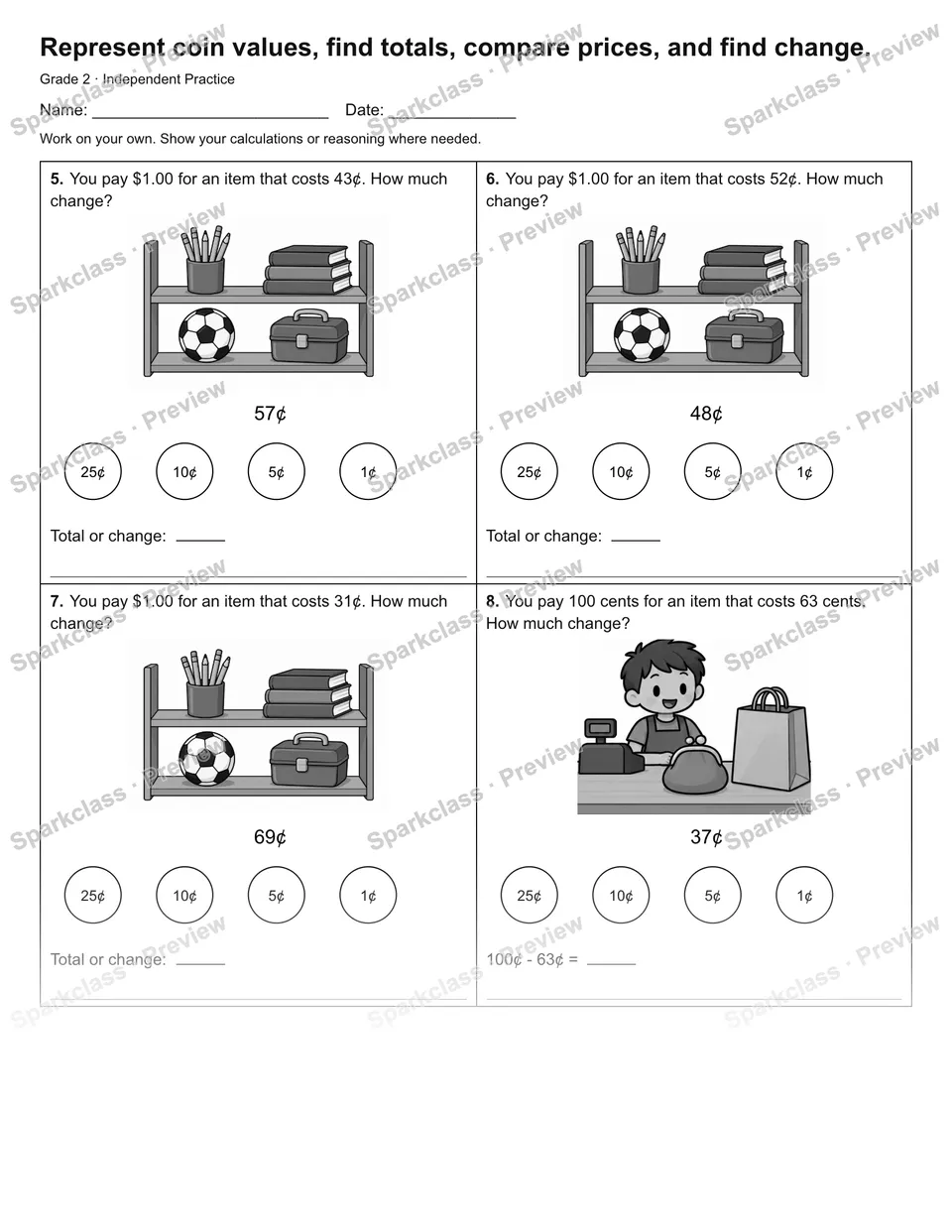 Represent coin values, find totals, compare prices, and find change. — Independent Practice — page 2