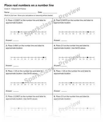 Place real numbers on a number line — Independent Practice — Grade 8 worksheet preview