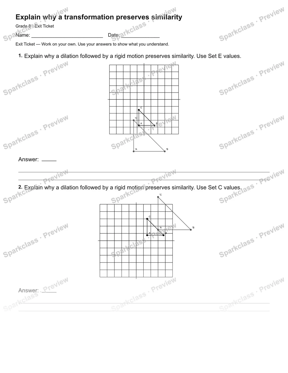 Explain why a transformation preserves similarity — Exit Ticket — page 2