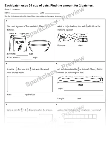 Each batch uses 34 cup of oats. Find the amount for 2 batches. — Homework — Grade 5 worksheet preview