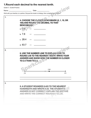 1.Round each decimal to the nearest tenth. — Guided Practice — Grade 5 worksheet preview