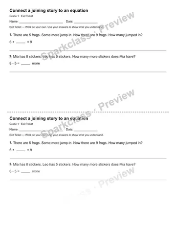 Connect a joining story to an equation — Exit Ticket — Grade 1 worksheet preview