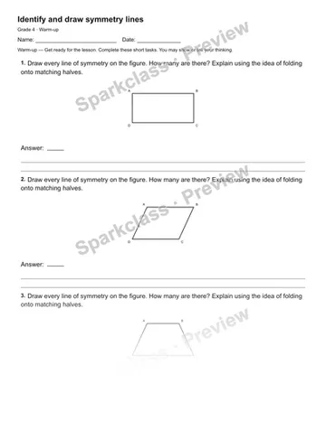 Identify and draw symmetry lines — Warm-up — Grade 4 worksheet preview