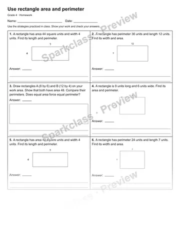 Use rectangle area and perimeter — Homework — Grade 4 worksheet preview