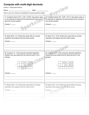 Compute with multi-digit decimals — Independent Practice — Grade 6 worksheet preview