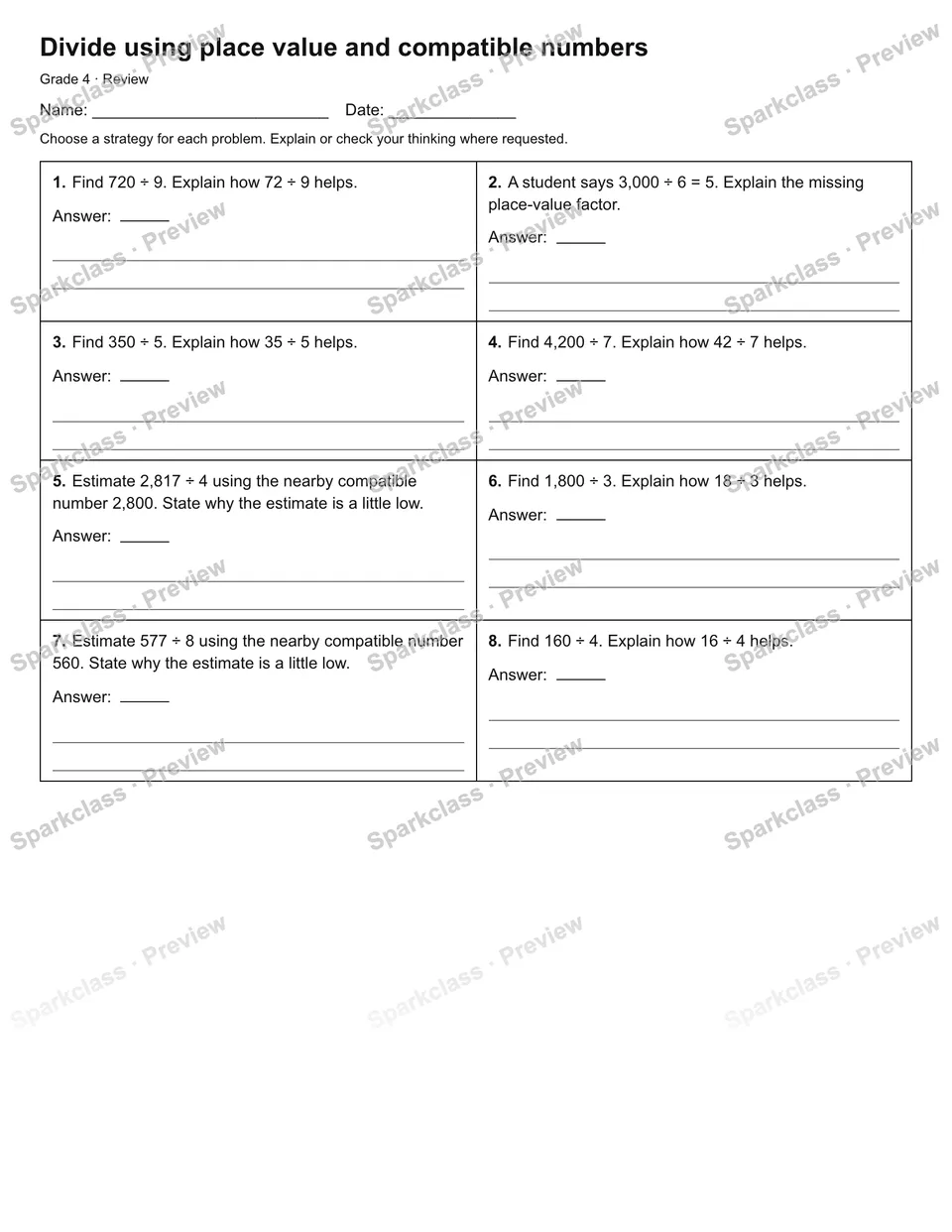 Divide using place value and compatible numbers — Review — page 1