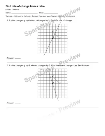 Find rate of change from a table — Warm-up — Grade 8 worksheet preview