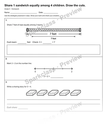 Share 1 sandwich equally among 4 children. Draw the cuts. — Homework — Grade 5 worksheet preview