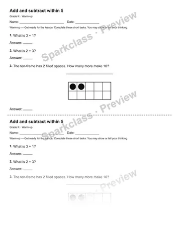 Add and subtract within 5 — Warm-up — Kindergarten worksheet preview