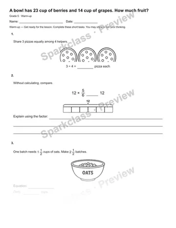 A bowl has 23 cup of berries and 14 cup of grapes. How much fruit? — Warm-up — Grade 5 worksheet preview