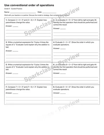 Use conventional order of operations — Guided Practice — Grade 6 worksheet preview
