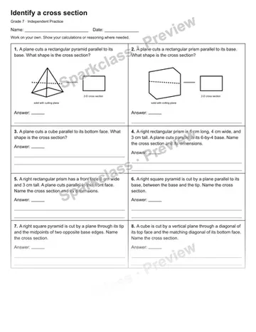 Identify a cross section — Independent Practice — Grade 7 worksheet preview