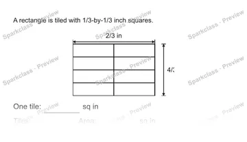 A rectangle is tiled with 1/3-by-1/3 inch squares. 2/3 in 4/3 in One tile: sq in Tiles: Area: sq in — Grade 5 problem preview