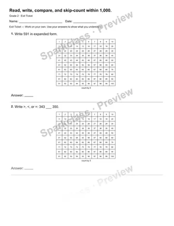 Read, write, compare, and skip-count within 1,000. — Exit Ticket — Grade 2 worksheet preview