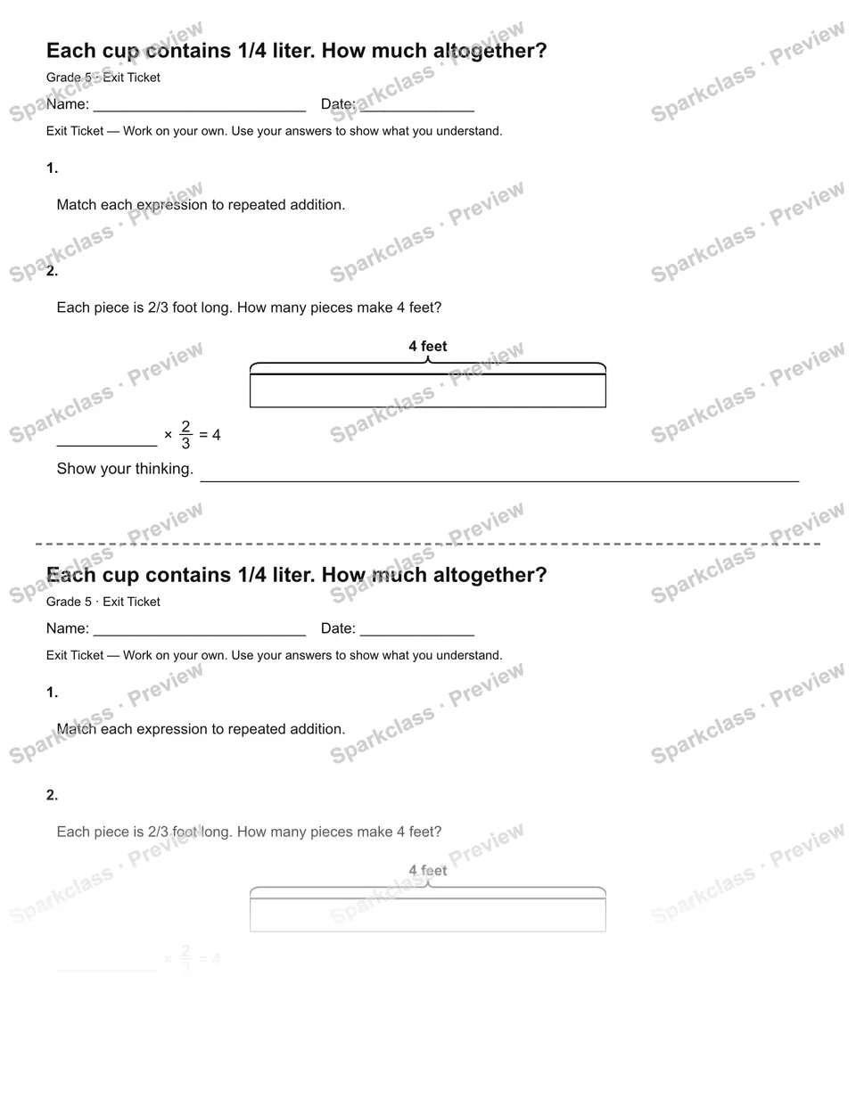 Each cup contains 1/4 liter. How much altogether? — Exit Ticket — page 1