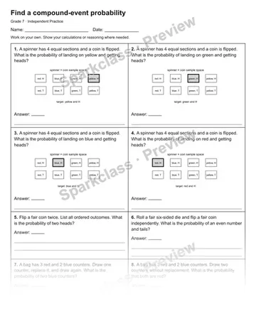 Find a compound-event probability — Independent Practice — Grade 7 worksheet preview