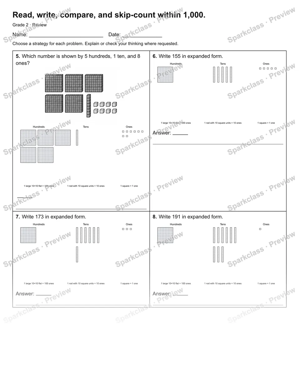 Read, write, compare, and skip-count within 1,000. — Review — page 2