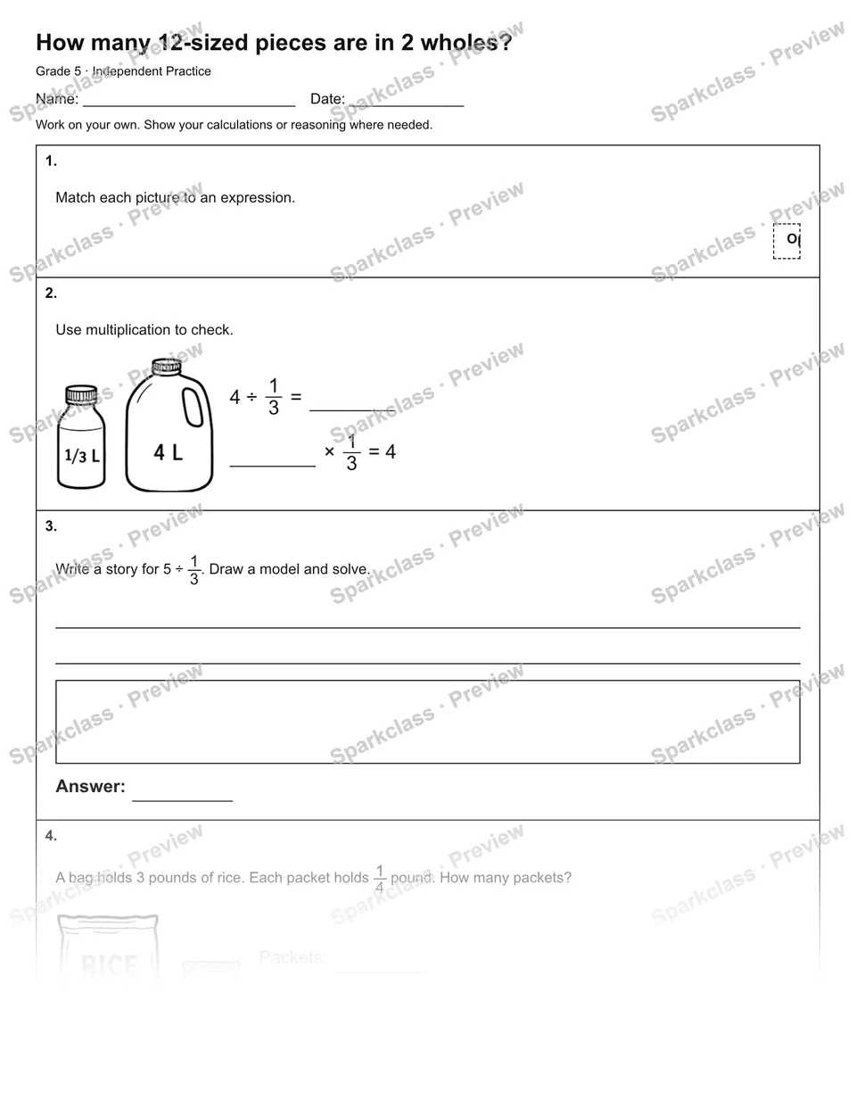 How many 12-sized pieces are in 2 wholes? — Independent Practice — page 1