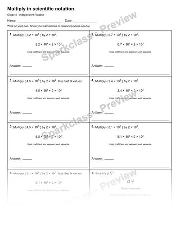 Multiply in scientific notation — Independent Practice — Grade 8 worksheet preview