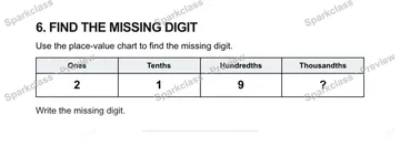 6. FIND THE MISSING DIGIT Use the place-value chart to find the missing digit. Ones Tenths Hundredths Thousandths 2 1 9 ? Write the missing digit. — Grade 5 problem preview